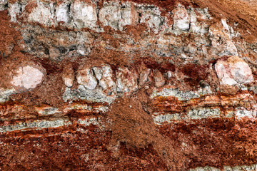  texture of different layers of clay underground in  clay quarry after geological study of soil.