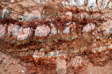  texture of different layers of clay underground in  clay quarry after geological study of soil.