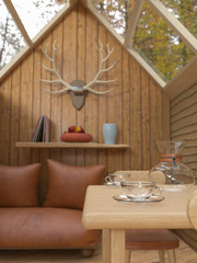 3D rendering of an interior of a cozy cabin in the woods with glass roof, a sofa , a fireplace, table and chairs