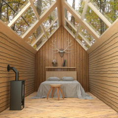 3D rendering of an interior of a cozy cabin in the woods with glass roof, a bed and fireplace