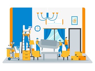 Under Construction or maintenance, workers are decorating the house, service vector flat illustration