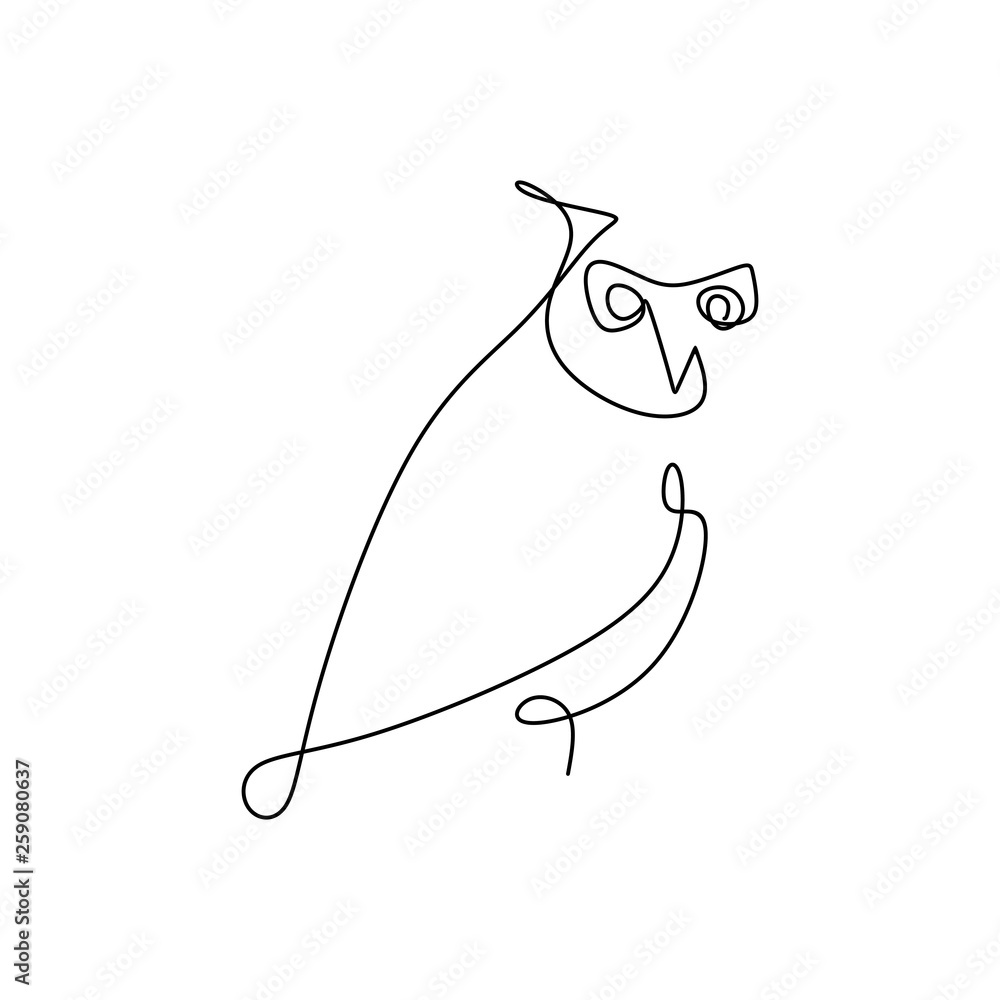 Poster drawing a continuous line of owls with a simple design.