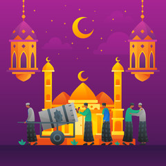 islamic Flat illustration mosque and people talking, hugging, eid night