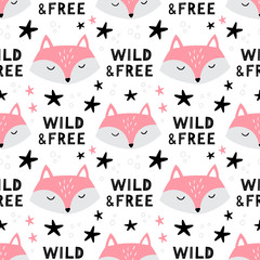 Cute seamless pattern with Fox Face. Hand-drawn cartoon illustration with text. Vector. Good for backgrounds, cards or wallpapers.