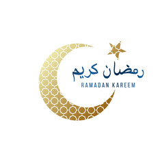 Bright design template for Ramadan Kareem with golden crescent , star and lettering. Vector illustration. Translation of text : Ramadan Kareem.