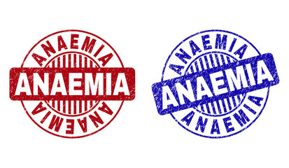 Grunge ANAEMIA round stamp seals isolated on a white background. Round seals with grunge texture in red and blue colors. Vector rubber imprint of ANAEMIA tag inside circle form with stripes.
