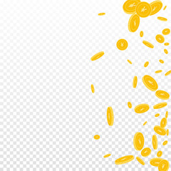 Chinese yuan coins falling. Scattered disorderly C
