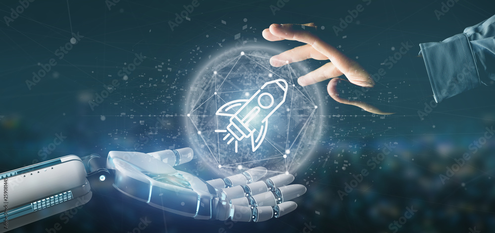 Poster cyborg hand holding a start up rocket on a sphere 3d rendering