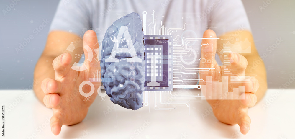 Poster business man holding artificial intelligence icon with half brain and half circuit 3d rendering