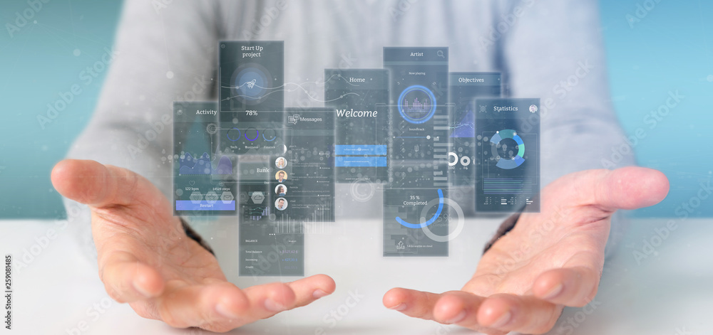 Poster businessman holding user interface screens with icon, stats and data 3d rendering