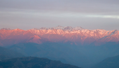 Fototapeta na wymiar The Himalayas after the sunset, Chamba Valley, Himachal Pradesh, India.