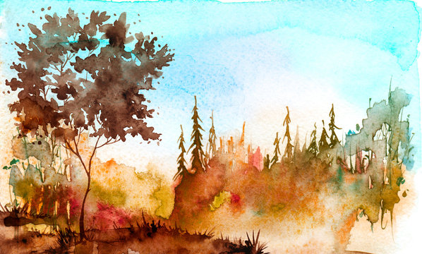 Watercolor painting, picture, landscape - summer, autumn forest, nature, tree.  autumn, summer trees, fir, pine,  sun, blue sky. burgundy, red tree on a hill with grass, plants. Country landscape