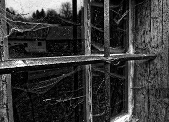 old cottage hut window black and white