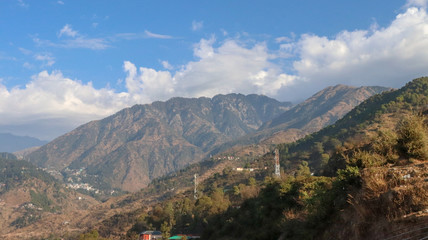 Clouds over Mountains, Landscape in the mountains, View from the Indrunag, Dharmashala, Himachal Pradesh, India.