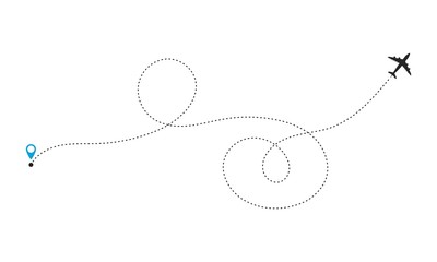 Plane track icon. Airplane line route with blue pin. Travel and tourism concept. Template design for web site, mobile app, poster, ad, print materials, cover.