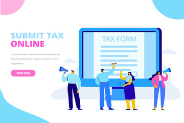 Fototapeta na wymiar Online tax payment concept. Submit tax online. People filling tax form. Flat vector illustration for web. 