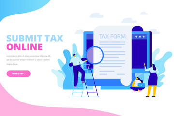  Online tax payment concept. Submit tax online. People filling tax form. Flat vector illustration for web. 