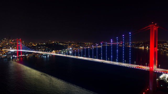 Aerial View of Istanbul Bosphorus Bridge at night. 15th July Martyrs Bridge - 15 Temmuz Sehitler Koprusu In Istanbul Turkey