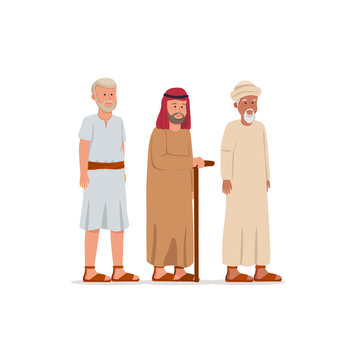 Older Man Bearded Arabian Medieval Traditional Clothes Character Design Illustration