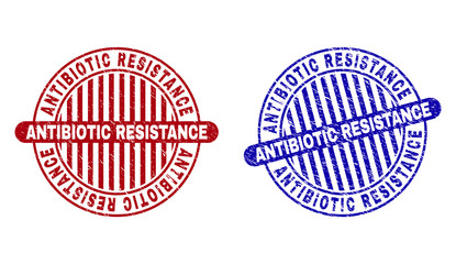 Grunge ANTIBIOTIC RESISTANCE round stamp seals isolated on a white background. Round seals with distress texture in red and blue colors.