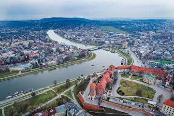 Fototapeta Aerial drone view on Wawel castle over Vistula river in Cracow. obraz