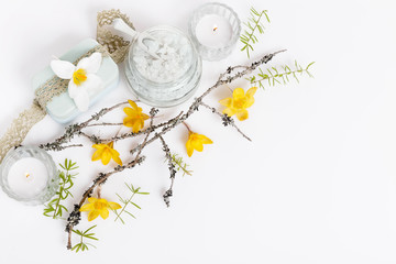 Spa treatment with blooming branch on white background