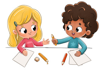 Niños en el colegio prestando un lapiz