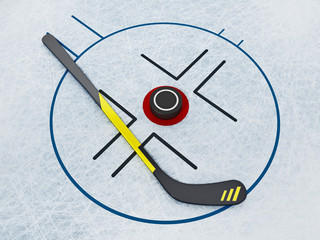 Ice hockey stick and puck on scratched ice background. 3D illustration