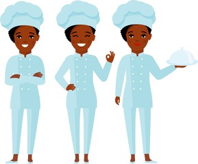 Characters set of smiling female cooks  in restaurant . Collection of chef woman in white hat in different poses.