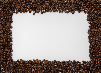 Roasted coffee beans frame isolated on white with space for text in the middle