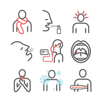 Laryngitis. Symptoms, Treatment. Line Icons set. Vector illustration