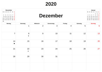 2020 a monthly calendar  with white background in German.