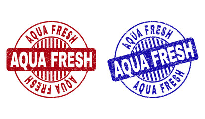 Grunge AQUA FRESH round stamp seals isolated on a white background. Round seals with grunge texture in red and blue colors. Vector rubber imprint of AQUA FRESH text inside circle form with stripes.