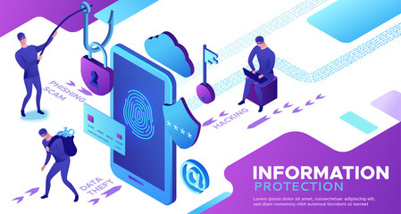 Hacker attack, mobile security concept, data protection, cyber crime, 3d isometric vector illustration, fingerprint, phishing scam, information protection, smartphone safety
