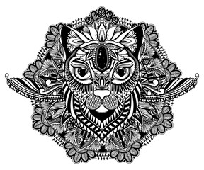 Fototapeta premium Cat mystic and mandala tattoo.Black color in white background. Decorative graphic drawing. Isolated design sign.