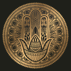 Hamsa talisman religion Asian. Gold gradient color graphic in black background. Symbol of protection and talisman against the evil eye.