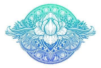 Lotus flower ethnic symbol. Gradient pastel color in white background.Tattoo design motif, decoration element. Sign Asian spirituality,norvana and innocence.