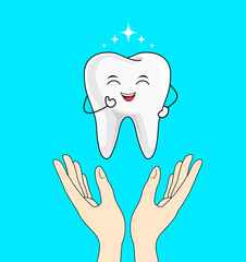 cute cartoon happy tooth character with human hands. Dental care concept. Vector illustration isolated on blue background.