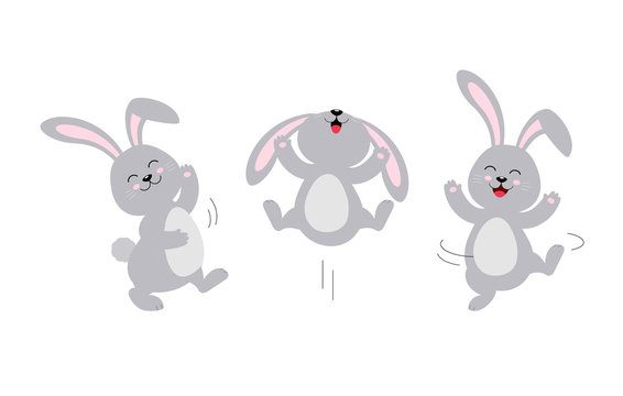 Cute rabbit jumping and dancing. Cute bunny. Happy Easter day, cartoon character design. Vector illustration isolated on white background.