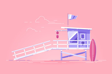 Lifeguard tower with flag on the beach. Modern vector illustration.
