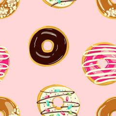 Glazed Donuts seamless pattern. Bakery Vector illustration. Top View doughnuts