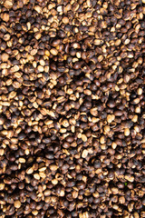 Coffee beans background.Brown roasted coffee beans pattern in coffee shop prepared for making cappuccino or latte hot drink.