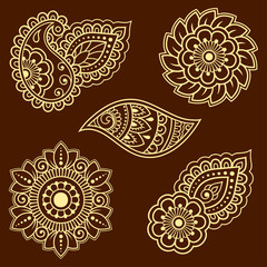 Set of Mehndi flower pattern for Henna drawing and tattoo. Decoration in ethnic oriental, Indian style.