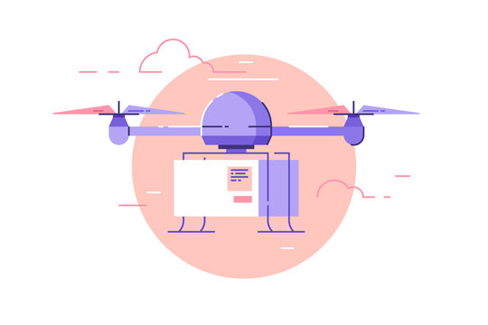 Drone delivery concept vector illustration. Drone is flying in the sky and carrying a box to customer.