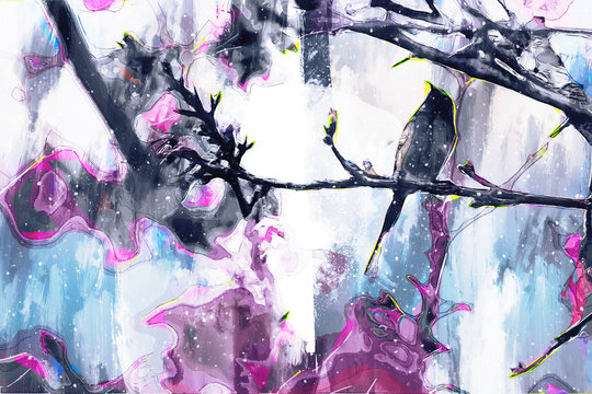 Abstract digital painting of bird and blooming flower in spring season