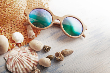 beach accessories glasses hat cockleshells