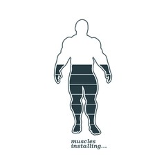 Installing muscles please wait. Humorous hand written quote. Bodybuilder outline silhouette. Muscular man posing. Simple style illustration. Sport concept.