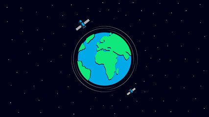 Obraz na płótnie Canvas Happy Earth Day. Earth and satellites in space. Template for Banner, Poster or Flyer. Vector illustration