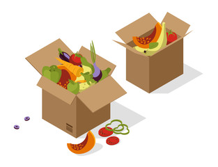 Fresh farm fruits and vegetables in box. Home delivery. Isometric flat 3d illustration