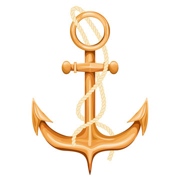 Golden Marine Boat Anchor with rope. Marine element. Vector illustration on white background.